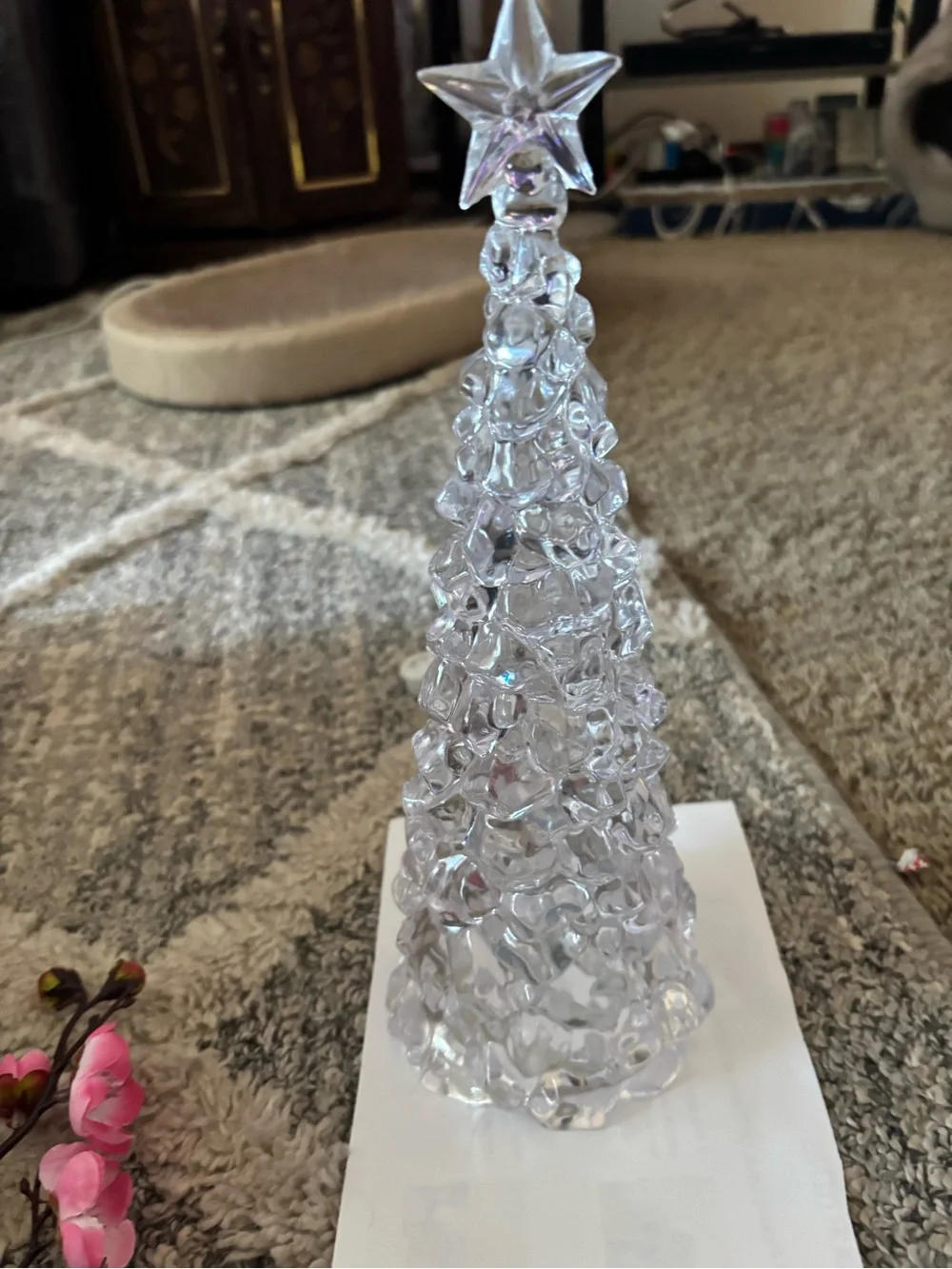 Crystal LED Holiday Tree Decor with Pink Blossom Accents tree is battery operate